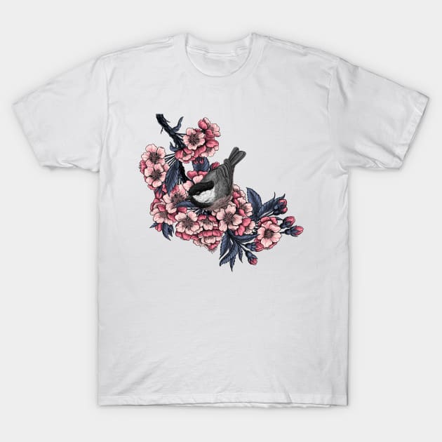 Chickadee on a blooming cherry branch T-Shirt by katerinamk